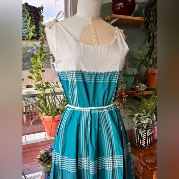 Vintage Teal Plaid Cotton Tie Shoulder Sundress - Picture 3 of 6